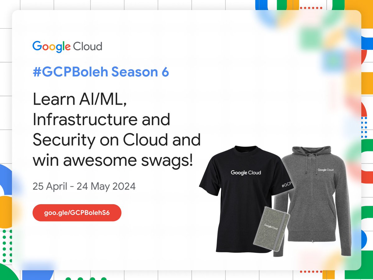 gdgcloudkl's tweet photo. Level up your AI/ML skills with #GCPBoleh! Free Google Cloud training and cool swags await. Starts April 25, 2024!

✍🏻 Register now →  https://t.co/lZjmT9ABYJ
👉 Join our community → https://t.co/EzivcvthF9 https://t.co/d1c00nXcbF