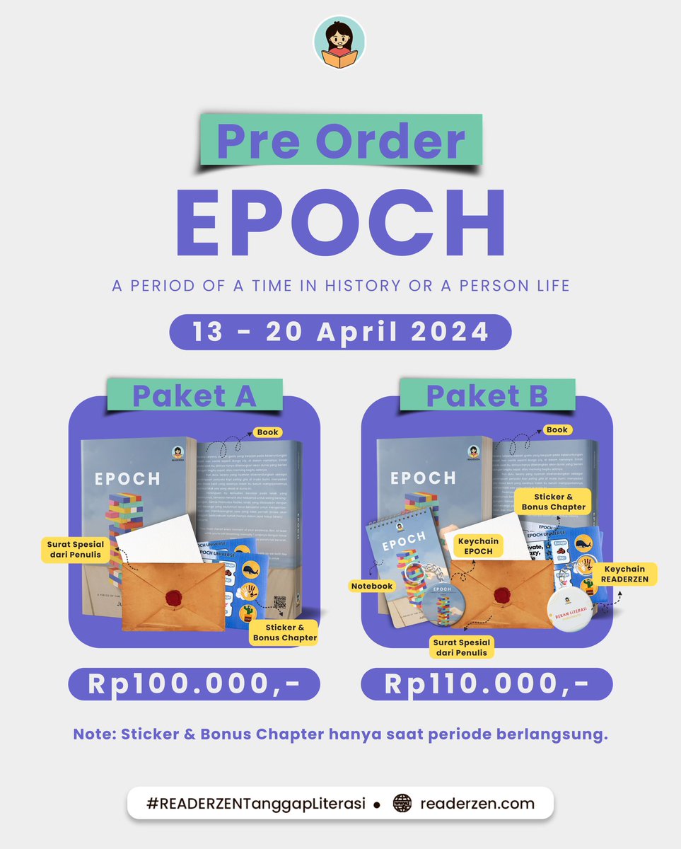 readerzen's tweet photo. [Open Pre Order Epoch melalui Shopee 📦🛍️]

🗓️ 13 - 20 April 2024 

Kunjungi https://t.co/mrz6Q4grUn untuk langsung checkout buku Epoch di Shopee READERZEN! 🛒

Temukan bacaan tak terlupakan dalam setiap halaman, dalam setiap kata. Epoch menantimu! 🌟

@Minimoon52 https://t.co/laqdXlpHPz