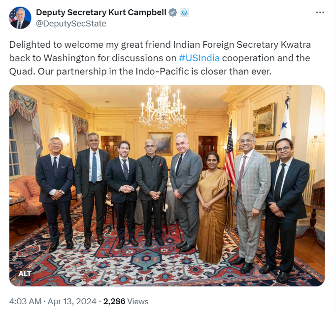 अमेरिकी उप विदेश मंत्री कर्ट कैंपबेल ने भारतीय विदेश सचिव क्वात्रा के वाशिंगटन में आने पर जताई खुशी.

#USIndia #Kwatra #KurtCampbell #Washington #InKhabar