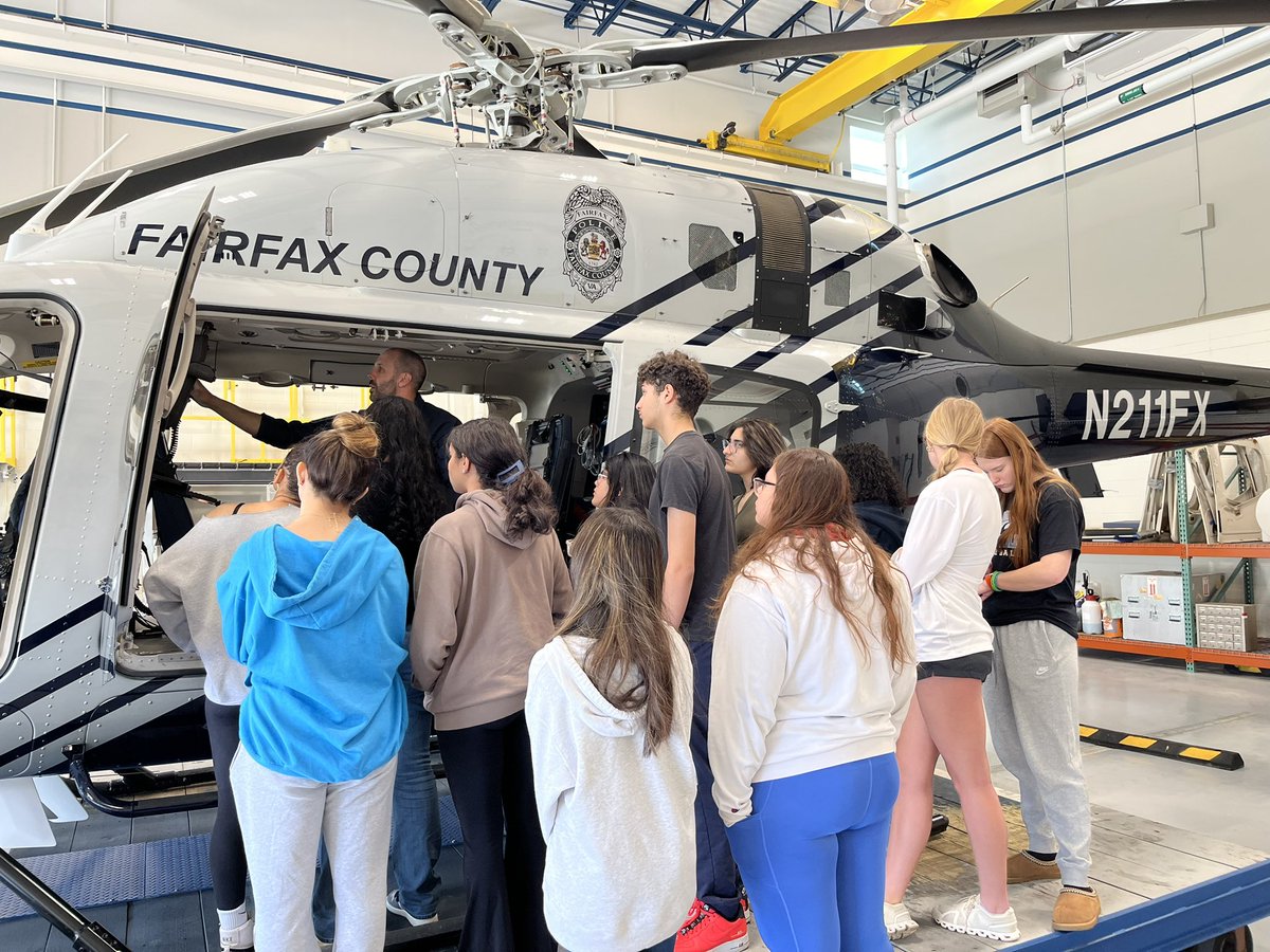 CVHS_AutoTech's tweet photo. CVHS Auto Tech students participated in a great field trip to the @FairfaxCountyPD helicopter unit today, where they got to talk to the pilot and the mechanic who works on the helicopters, as well as see how the legendary “Fairfax1” keeps us all safe in Fairfax County! @FCPS_CTE https://t.co/GDShy8gQ04