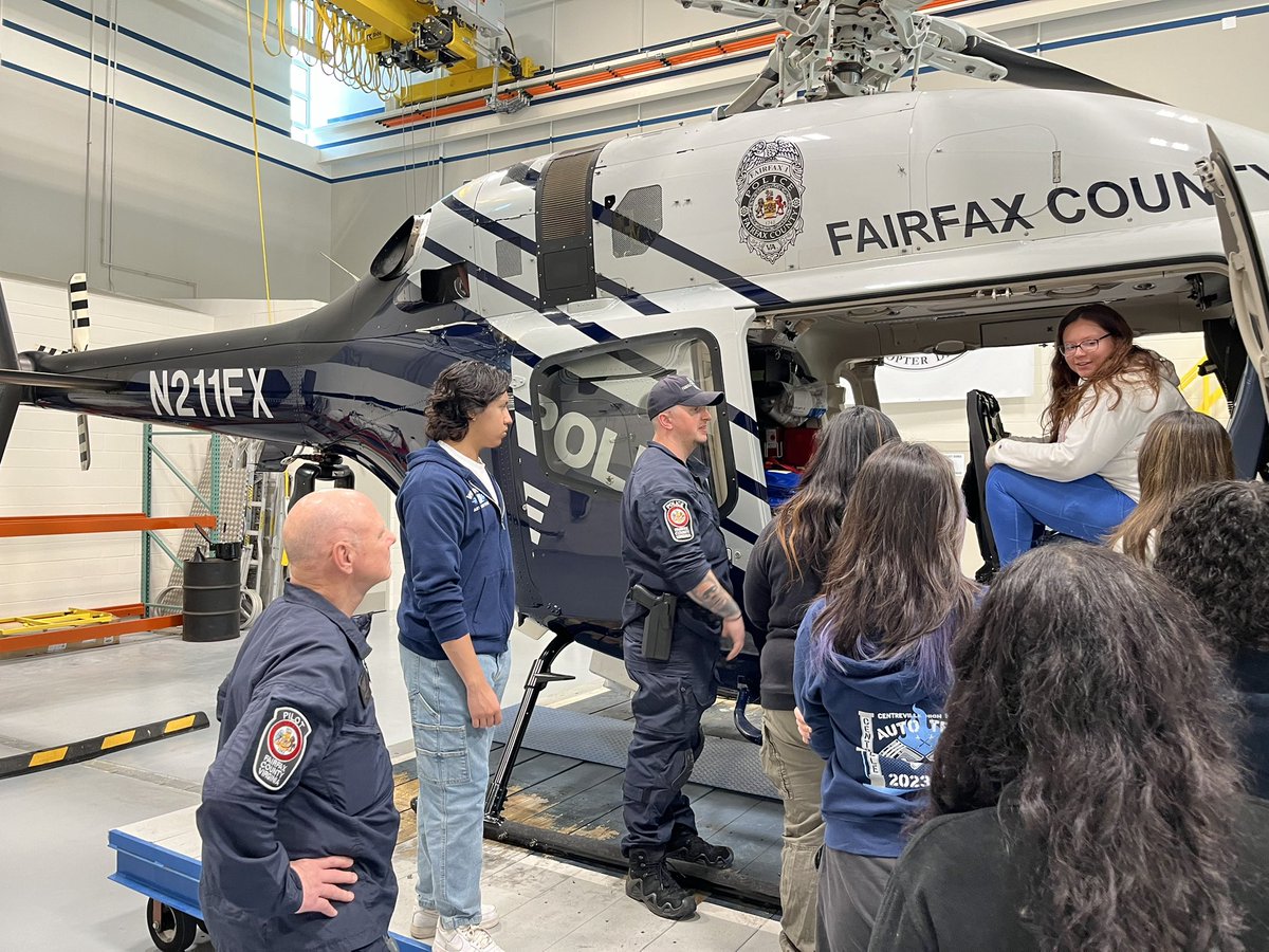 CVHS_AutoTech's tweet photo. CVHS Auto Tech students participated in a great field trip to the @FairfaxCountyPD helicopter unit today, where they got to talk to the pilot and the mechanic who works on the helicopters, as well as see how the legendary “Fairfax1” keeps us all safe in Fairfax County! @FCPS_CTE https://t.co/GDShy8gQ04