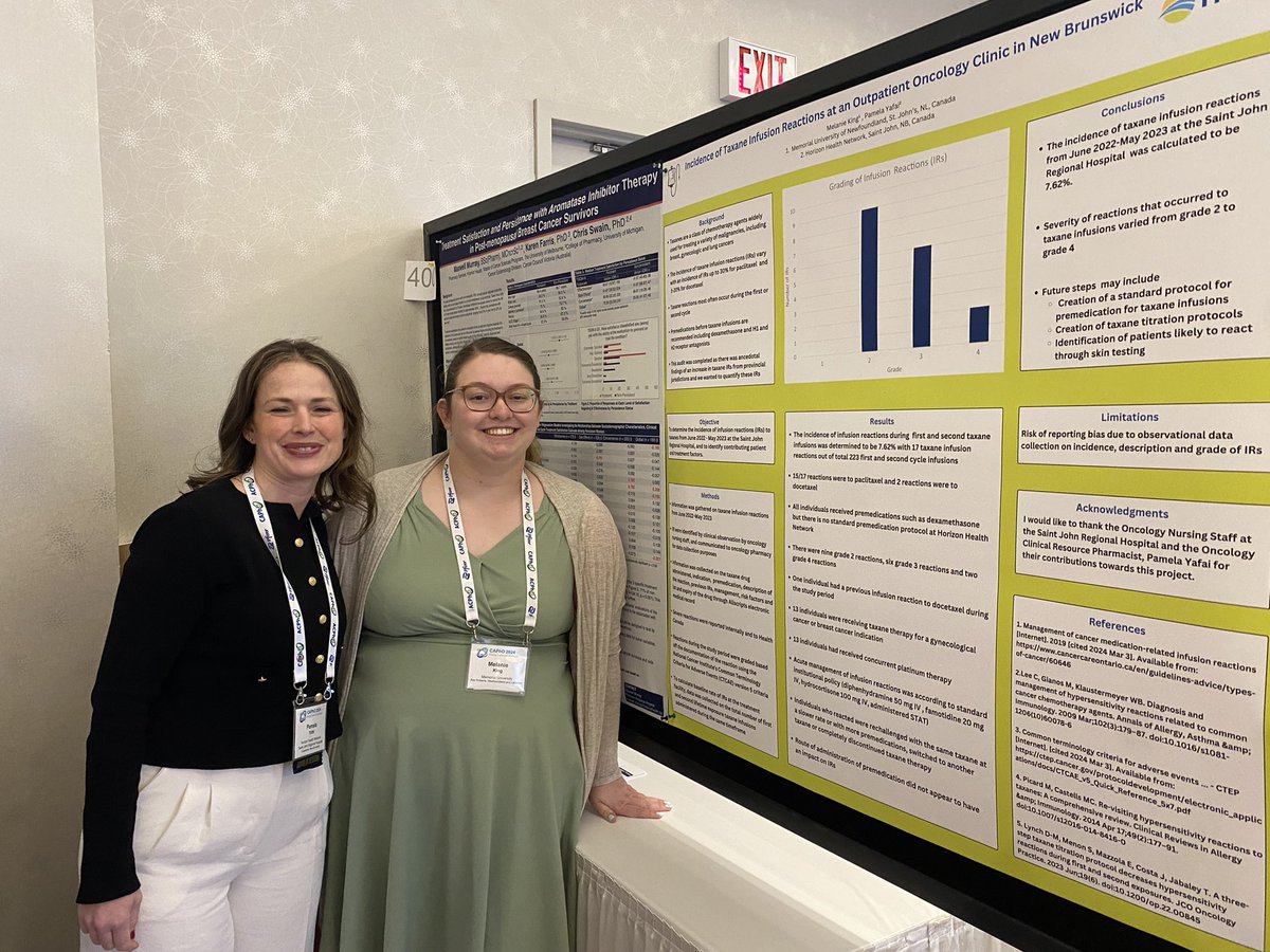 I am glad I got to present my poster on the incidence of taxane infusion reactions at #CAPhoCon24. I am grateful I was able to work on this project with such a great mentor, Pamela Yafai the past two summers. I am excited to return to work in oncology in Saint John, NB in June!