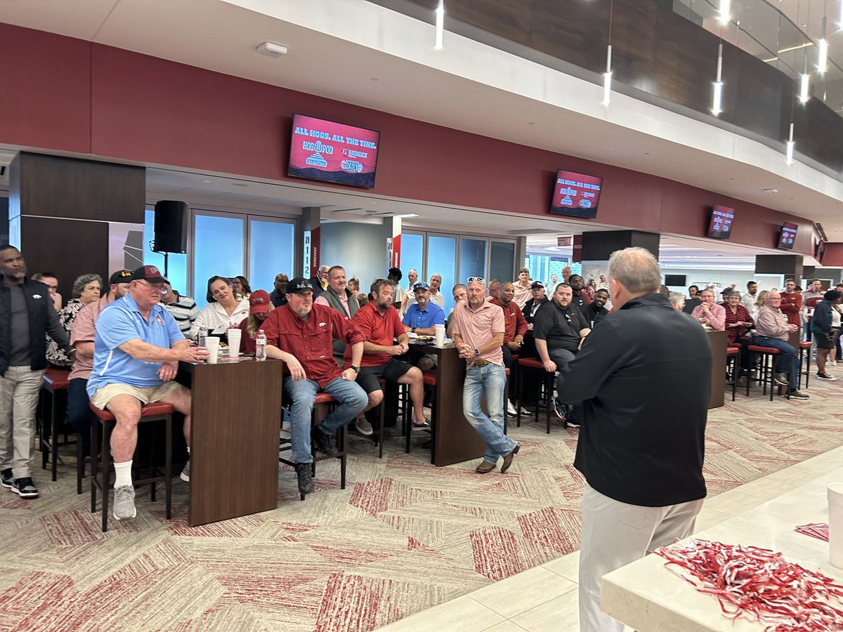 KTHogs's tweet photo. More than 500 in attendance for tonight’s @ArkRazorbacks A Club Spring Reunion Fish Fry! Thanks to @CoachSamPittman and @RazorbackFB staff for coming by to visit with all our former letterwinners. Spring Game tomorrow at Noon. @RazorFoundation @TheCatfishHole  #WPS https://t.co/5WCs5wk2eS