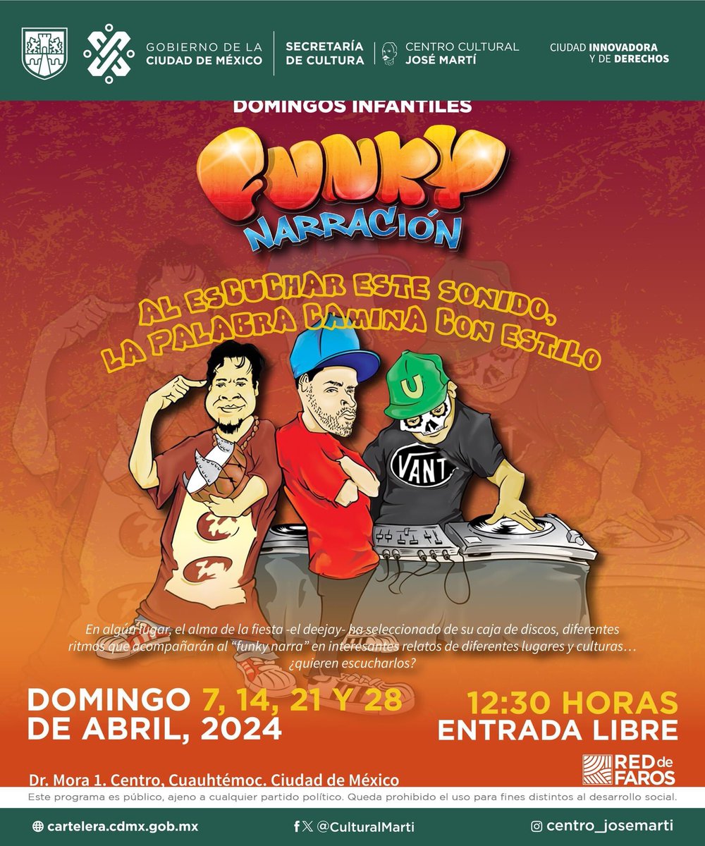 ¡Ya es abril! ☀️
¿Porqué nomás un día para celebrar? 🤔
Nosotros tenemos 3 días para celebrar a la niñez 😜

Funky Narración en el CCJM 
Todos los domingos de abril 

14, 21 y 28
12:30 horas 

Centro Cultural José Martí 
(A LA SALIDA DEL METRO HIDALGO) 
ENTRADA LIBRE
#DiaDelNiño