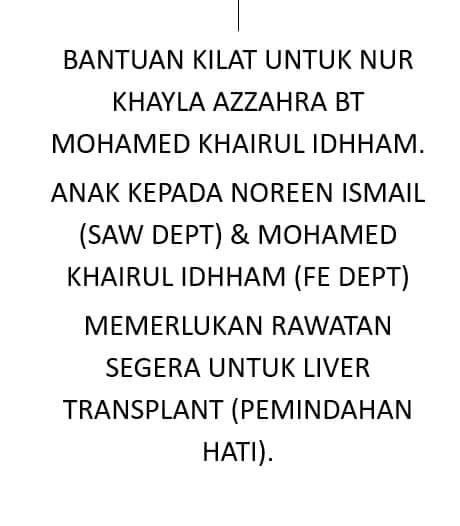 Injang_Nation's tweet photo. Salam syawal. Ayuh bantu!

Dapat dari dm mintak dikongsikan. Adik Khayla memerlukan dana RM250k utk pemindahan hati. Jadi kalau ada lebihan duit raya boleh la menyumbang ke:

PERTUBUHAN KEBAJIKAN NADI PERMATA MALAYSIA
No Acc : 551575307417 (MAYBANK)
No tel : +60137444501
Recipient reference : Bantuan Khayla BA

Kalau tak dapat sumbang dalam bentuk wang ringgit, boleh juga bantu sebarkan post ini dan doakan urusan adik Khayla sekeluarga dipermudahkan. Terima kasih!