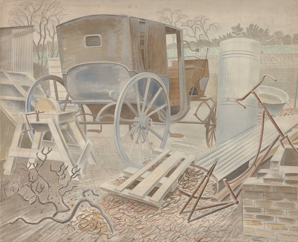 Farmyard with Carriage, Eric Ravilious, 1935. This dates from his time in #Essex. The original artwork is in the collection of @TownerGallery.