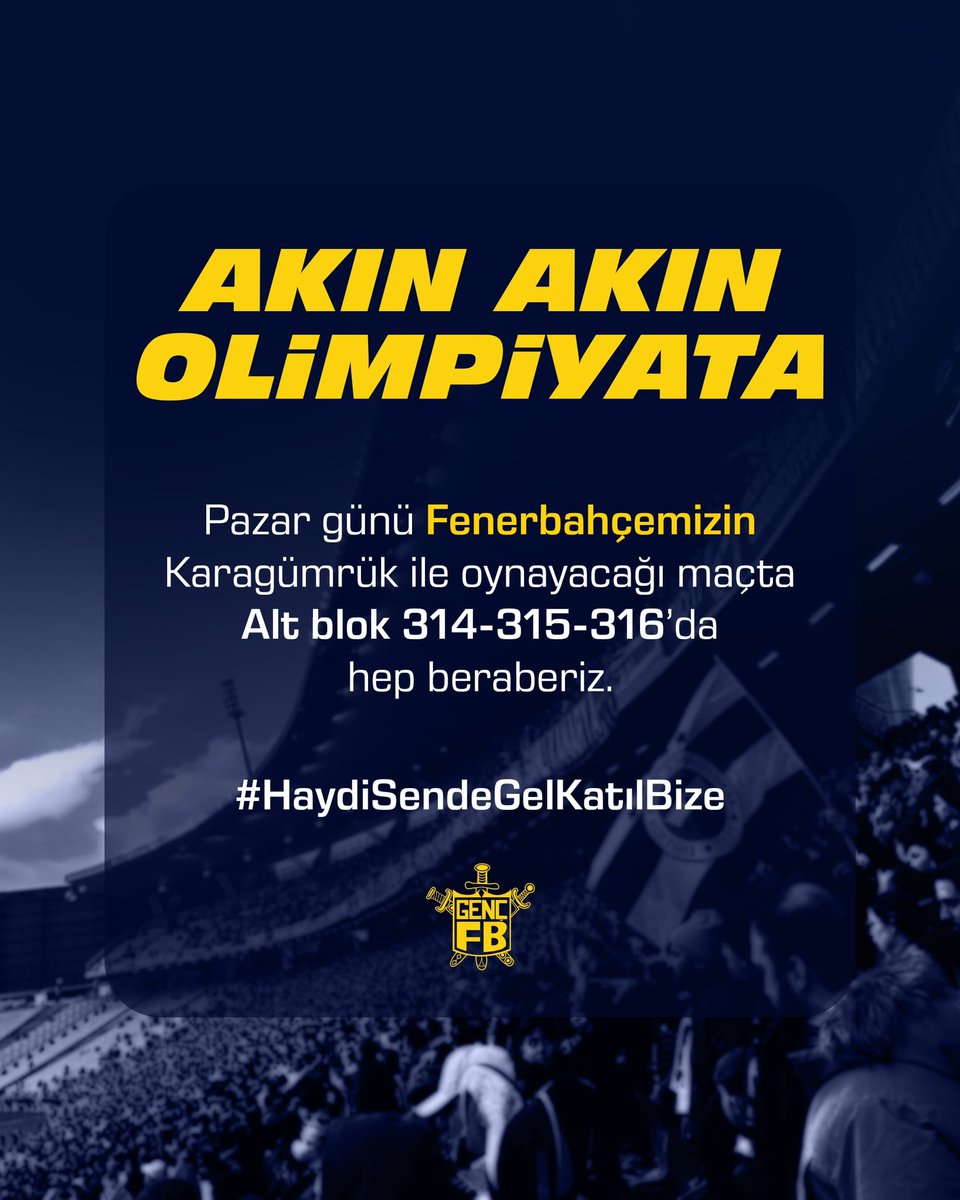 📣 ŞAMPİYONLUK YOLUNDA AKIN AKIN OLİMPİYAT’A!

Sen de Fenerbahçemiz’i Karagümrük karşılaşmasında yalnız bırakma!

Genç Fenerbahçeliler olarak Atatürk Olimpiyat Stadyumu’nda 314-315-316 bloklarında yer alacağız. Bizlerle beraber hareket etmek isteyen taraftarlarımız biletlerini bu…