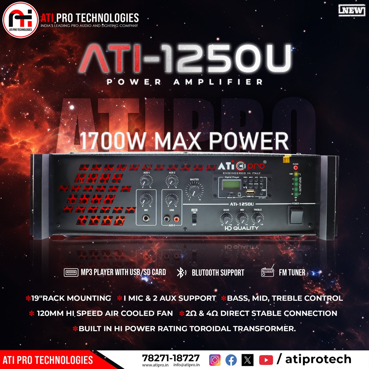 atiprotech's tweet photo. ATI-1250 U Power Amplifier
* 1700w Max Power
* MP3 Player With USB / SD Card
* Bluetooth Support
#atiprotechnologies #Atipro #poweramplifier #atiamplifier #bluetoothamplifier #bass #bestamplifier https://t.co/QacwmpKM1v