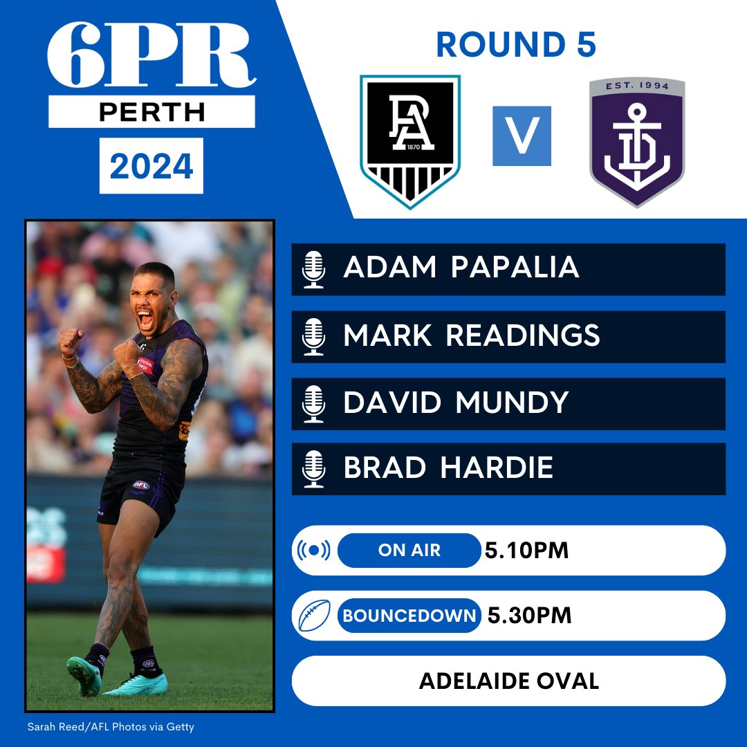 Can Freo make a comeback against their Round 5 rivals? 🏉 Hear the full match from Adelaide Oval with Adam Papalia, Mark Readings, David Mundy and Brad Hardie! #AFL #football #6PR #Blues #Crows