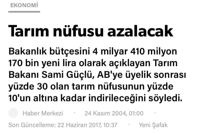 Başardınız.Tebrikler!..
Tarım nüfusunu %30’dan %6’lara kadar düşürdünüz.

Şimdi sizi insafa davet ediyoruz ve behemehâl köye dönüş projesini hayata geçirmenizi bekliyoruz.

Not:Aşağıdaki haber 24 Kasım 2004 tarihli bir haberdir.