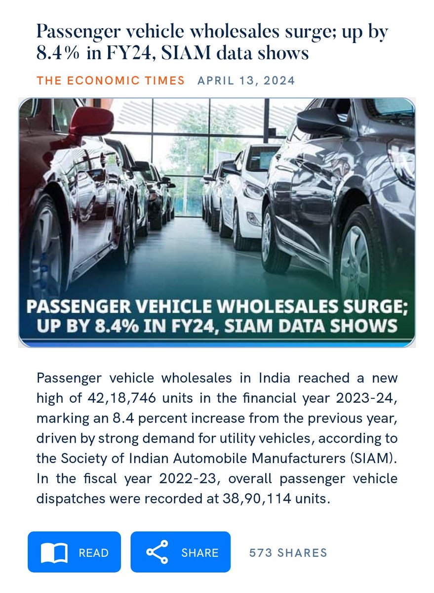 Passenger vehicle wholesales surge; up by 8.4% in FY24, SIAM data shows economictimes.indiatimes.com/industry/auto/… via NaMo App