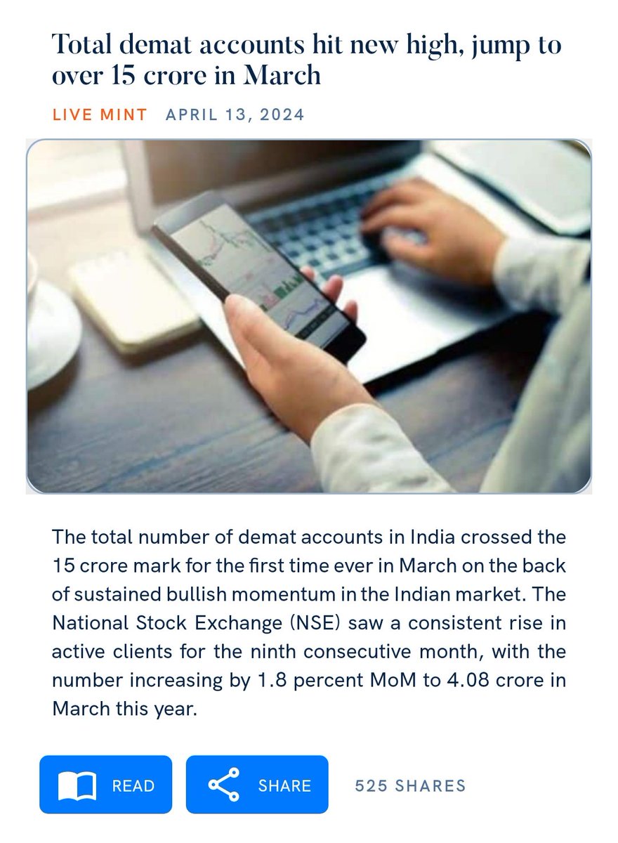 Total demat accounts hit new high, jump to over 15 crore in March livemint.com/market/stock-m… via NaMo App