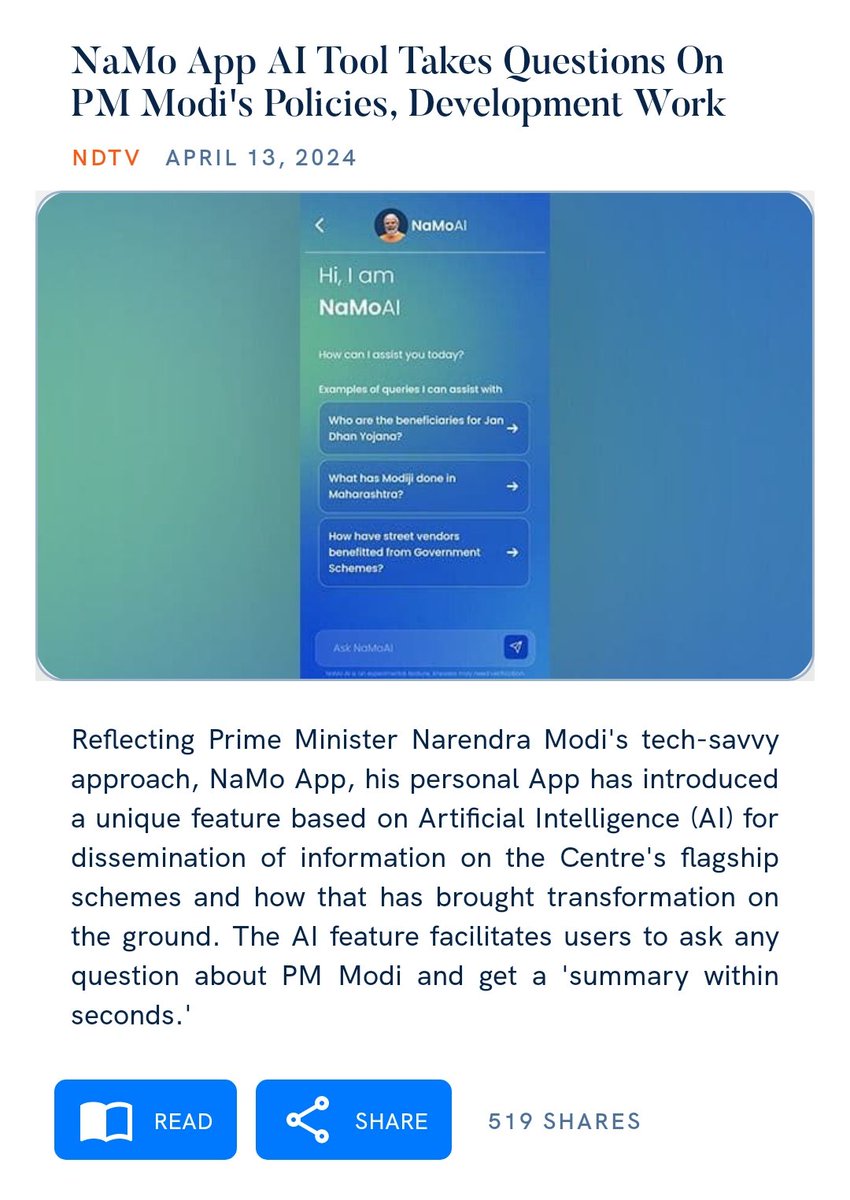 NaMo App AI Tool Takes Questions On PM Modi's Policies, Development Work ndtv.com/india-news/nam… via NaMo App