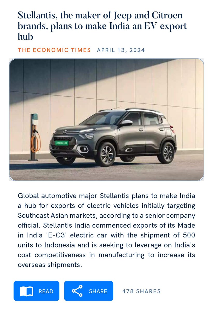 Stellantis, the maker of Jeep and Citroen brands, plans to make India an EV export hub economictimes.indiatimes.com/industry/renew… via NaMo App