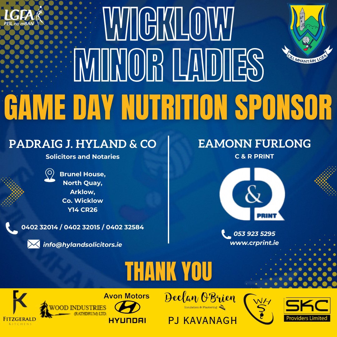 🇺🇦 Game Day 🇺🇦 Leinster Minor Champ SF 🆚 Wicklow Vs Carlow ⏰ Sat 13th April, 4pm 📍 Echelon Park, Aughrim 💶 Tickets 👉 universe.com/events/leinste… Massive thanks to Padraig Hyland & Eamonn Furlong for sponsoring our Game Day Nutrition. Lets get big support to Aughrim🔵🟡