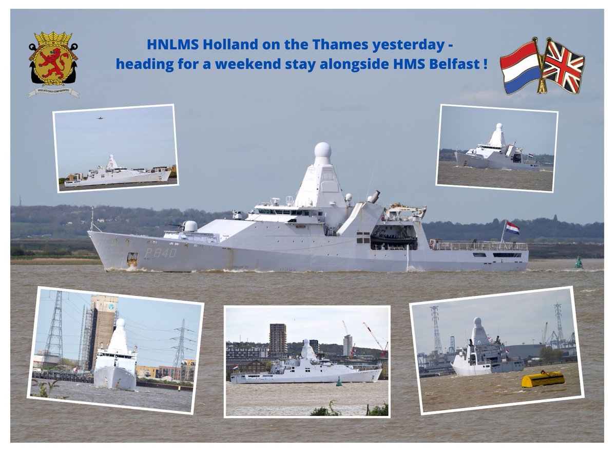 Zr.Ms.Holland gisteren op weg naar London , om af te meren langzij HMS Belfast . Foto's via : @FraserG32883664 , @AJBC_1 , @kon_marine , @RoyalNavy , @GHNijenhuis , @IBallantyn , @HMSPresidentRNR , @Jaringma , @skipperrene