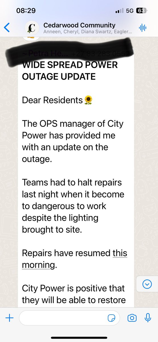BaillieRockstar's tweet photo. @CityPowerJhb *WIDE SPREAD POWER OUTAGE UPDATE* 

Dear Residents🌻

The OPS manager of City Power has provided me with an update on the outage. 

Teams had to halt repairs last night when it become to dangerous to work despite the lighting brought to site. 

Repairs have resumed this morning https://t.co/oSWN1u53lz