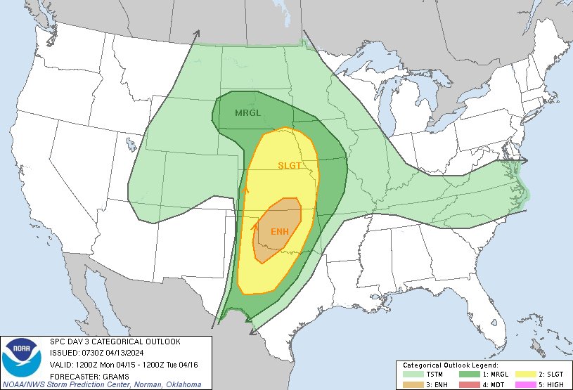 2:31am CDT #SPC Day3 Outlook Enhanced Risk: in parts of the southern Great Plains spc.noaa.gov/products/outlo…