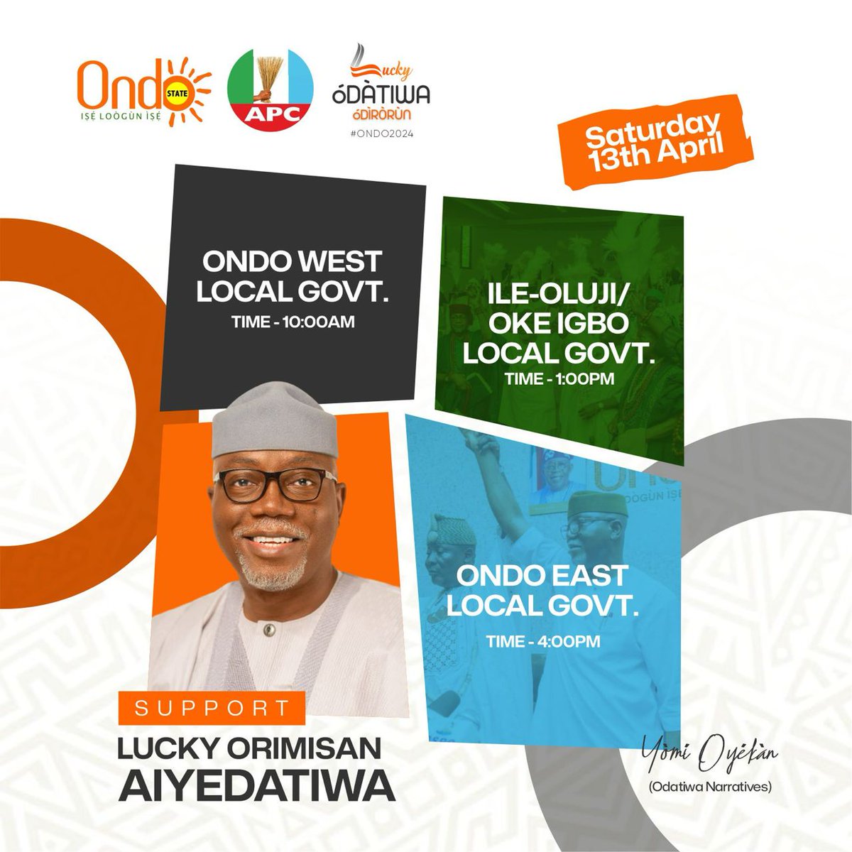 LET'S BE THERE TODAY.

Join the Lucky train today as Ondo State Governor, His Excellency Lucky Aiyedatiwa visit another 3 Local Governments.

Saturday April 13, 2024

#OndoIsLucky
#LuckyForOndo
#Odatiwa
#Odirorun
#Ondo2024
#LuckyOrimisanAiyedatiwa