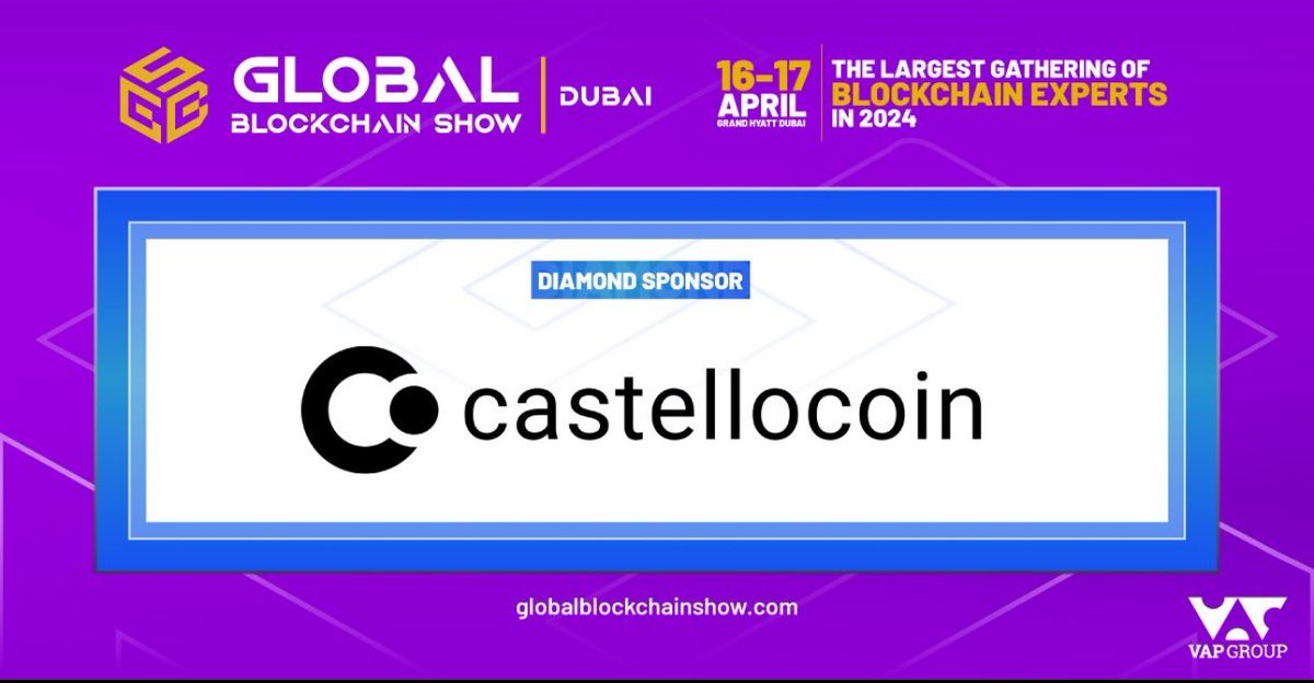 We are thrilled to share that @castellocoin is a diamond sponsor at the upcoming Global Blockchain Show! Join us on April 16th and 17th, 2024, at the Grand Hyatt in Dubai to experience the future of art and technology. Trust and Emotions are the Keys of Success. CASTELLOCOIN…