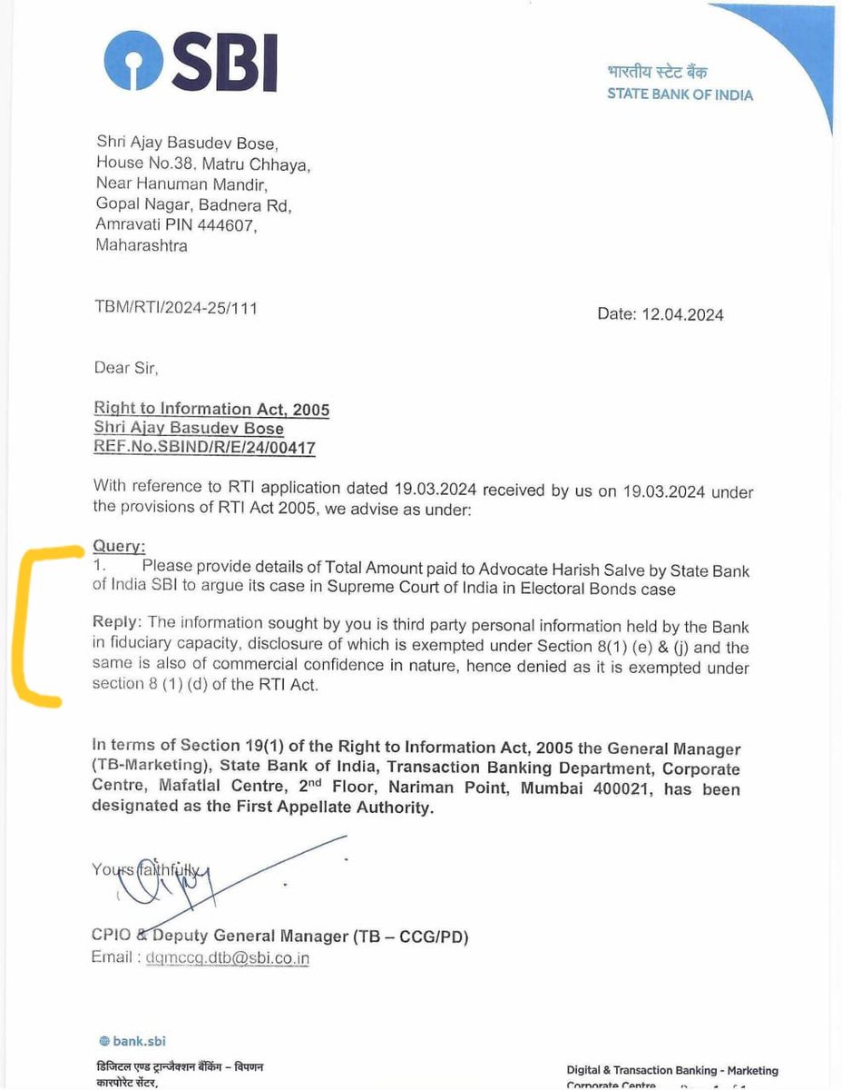 barandbench's tweet photo. State Bank of India refuses to share details of legal fees paid to Senior Advocate Harish Salve to represent it before the Supreme Court in the Electoral Bonds case.

SBI said the information cannot be provided under the RTI Act.

#SupremeCourtOfIndia #SupremeCourt @TheOfficialSBI #ElectoralBonds