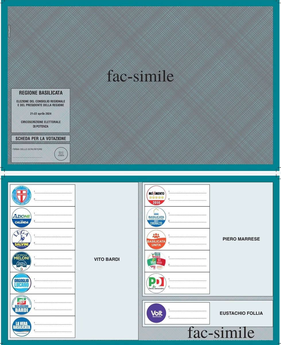 Una settimana alle elezioni in #Basilicata. Questo è il fac-simile della scheda elettorale.

Il Presidente uscente #Bardi è sostenuto da 7 liste. Meno liste supportano il candidato del campo largo #Marrese. 

#Schlein e #Conte si recheranno in Basilicata dopo il caos di marzo?