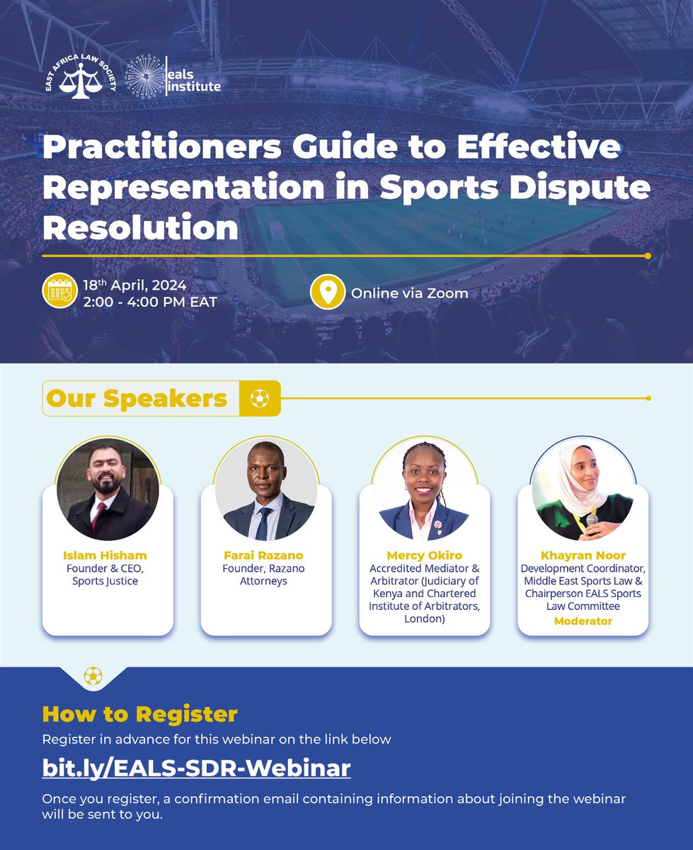 Learn from the best in the industry with our Practitioners Guide to effective representation in Sports Dispute Resolution webinar. Register now for expert tips and strategies ➡️➡️ bit.ly/EALS-SDR-Webin… #sportslaw