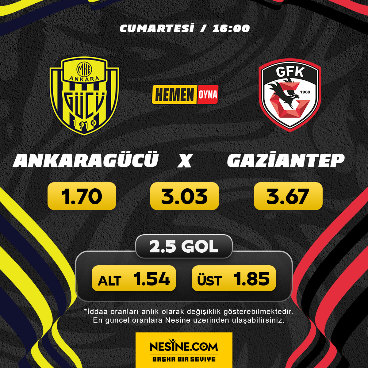 Süper Lig'de ateş hattından kurtulmak isteyen iki ekip karşı karşıya! Ankaragücü - Gaziantep mücadelesi CANLI İDDAA seçeneğiyle Nesine.com'da! Hemen Oyna --> nsn.tc/43ZL0aZ