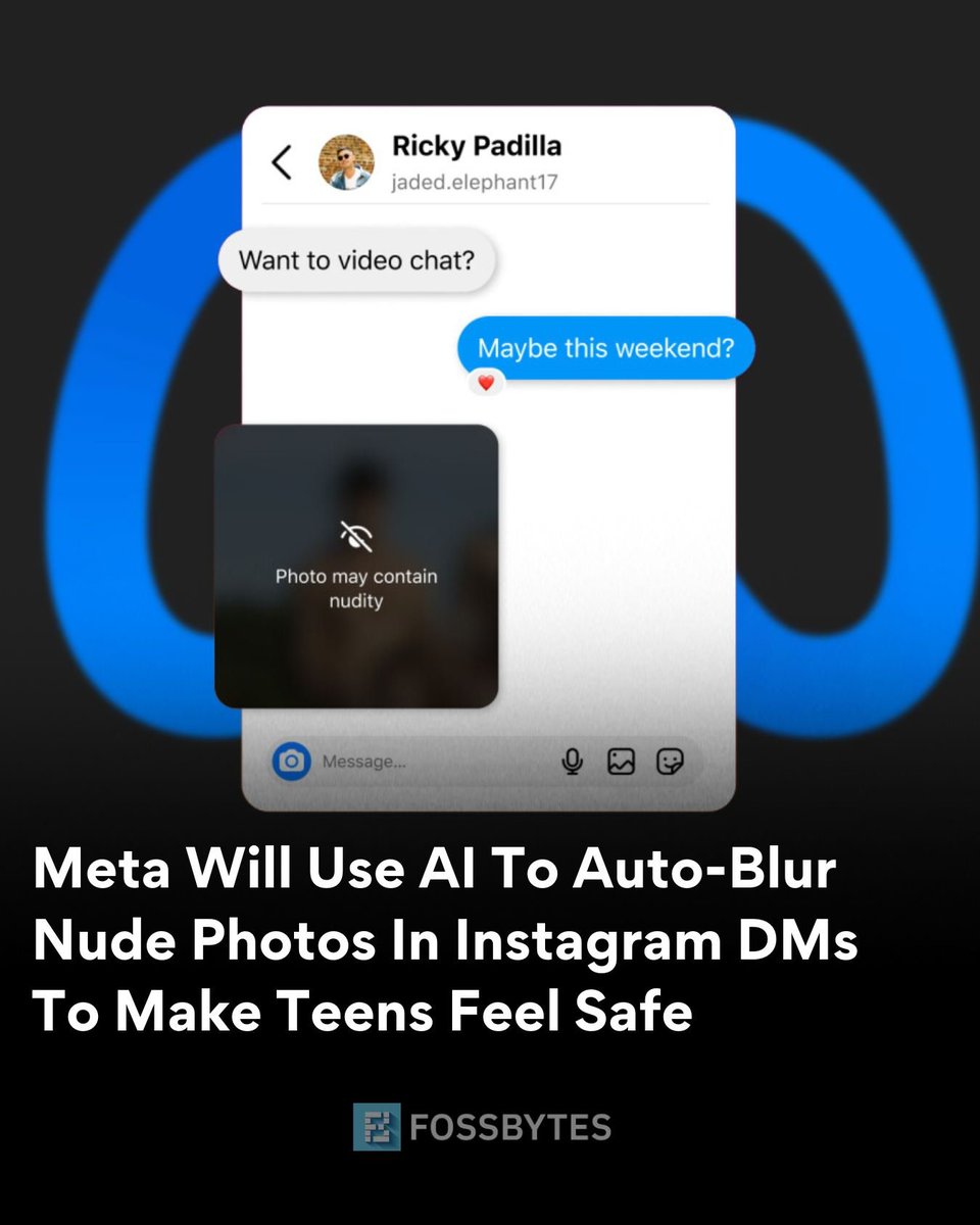 FossbytesUk's tweet image. Meta announced new features on Instagram aimed at protecting young users from unwanted nudity and sextortion scams.

These include “Nudity Protection in DMs,” which automatically blurs images containing nudity.