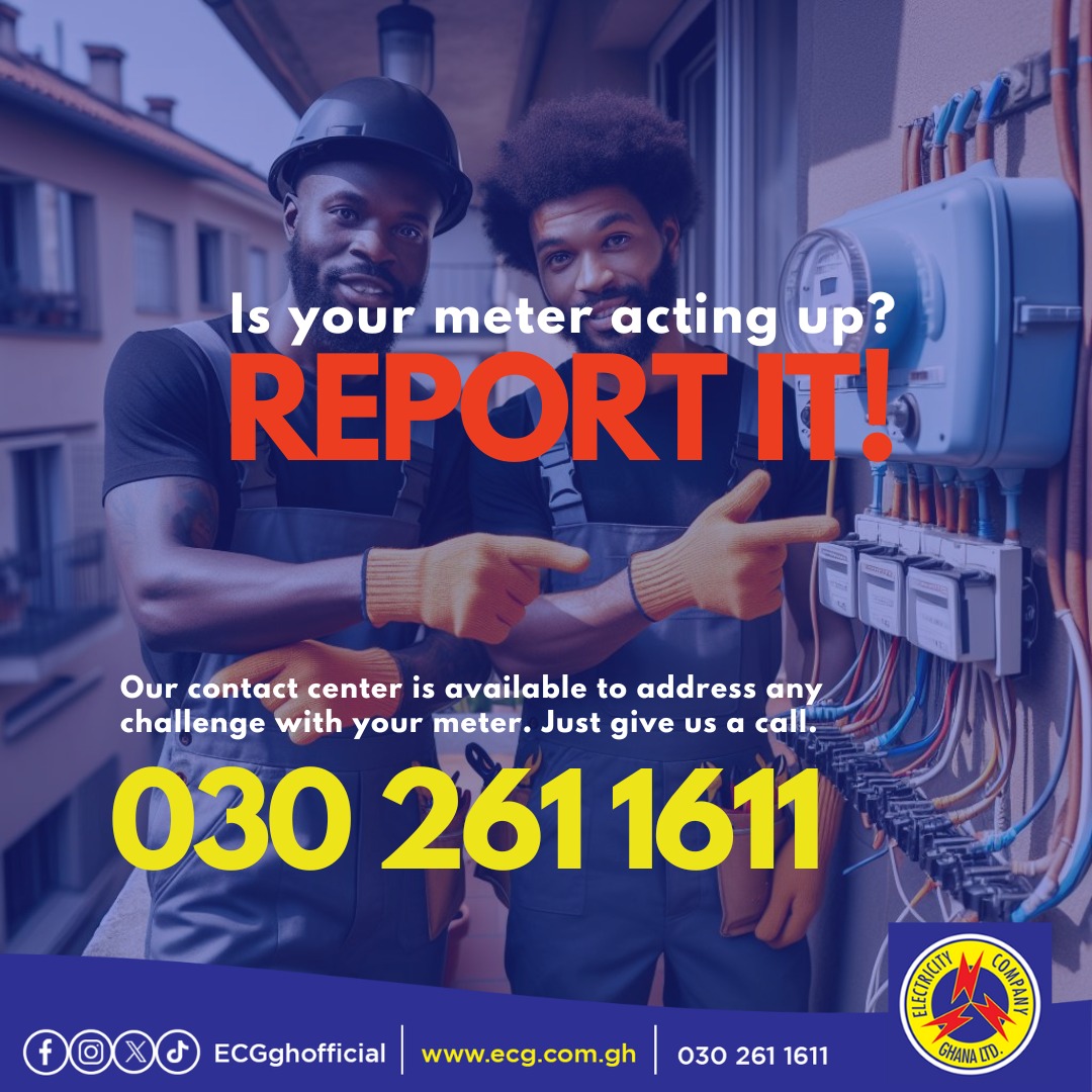 Keep the power flowing smoothly! If your meter's acting up, don't hesitate to report it.

Help us ensure reliable electricity for all.

Call or WhatsApp 0302 611 611

#ECG #MeterReporting #CustomerService.