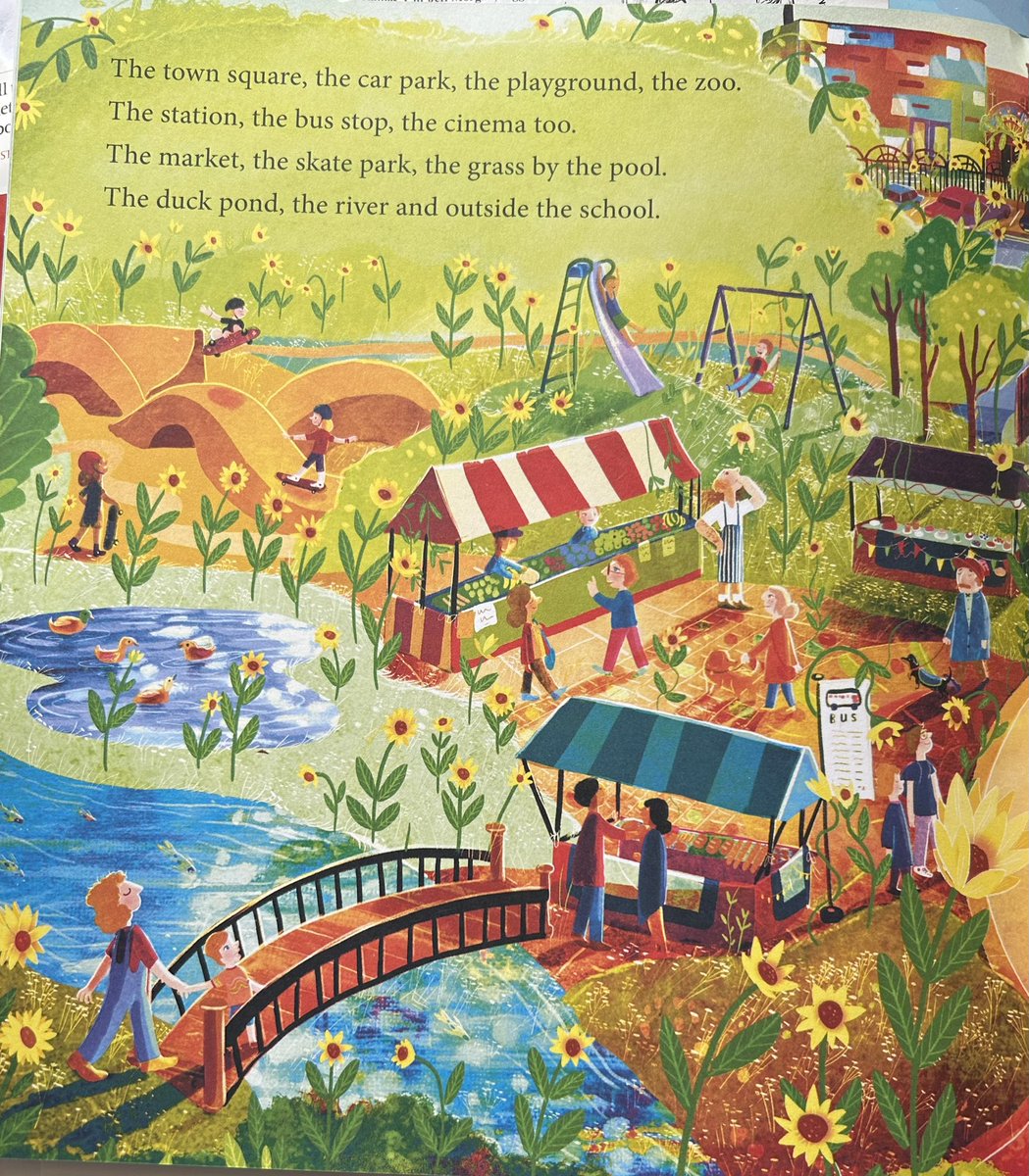 #NewIllustrationoftheDay. Teeming half-spread of town scattered with sunflowers & other happy things eg daisies, swings, ducks, bunting. By David Litchfield from A Sprinkle of Happiness with @lucymayrowland now in pb about spreading sunflowers & love @scholasticuk @dc_litchfield