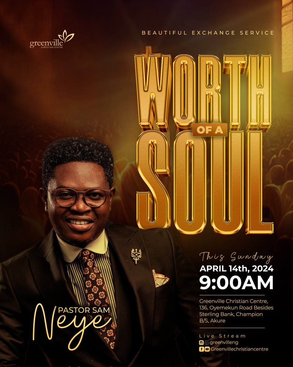 This Sunday we get stirred and reminded of the necessity of soul winning. Don't miss this service, something core to your faith will be reactivated. 'The WORTH of a SOUL' See you in Church #GreenVilleChristianCentre 136 Oyemekun Rd Beside Sterling Bank Champion B/S #Akure