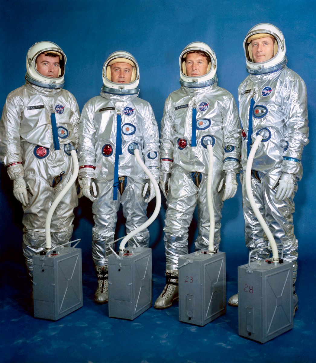 Gemini spacemen John Young, Gus Grissom, Wally Schirra, and Tom Stafford. NASA portrait dated April 13, 1964.