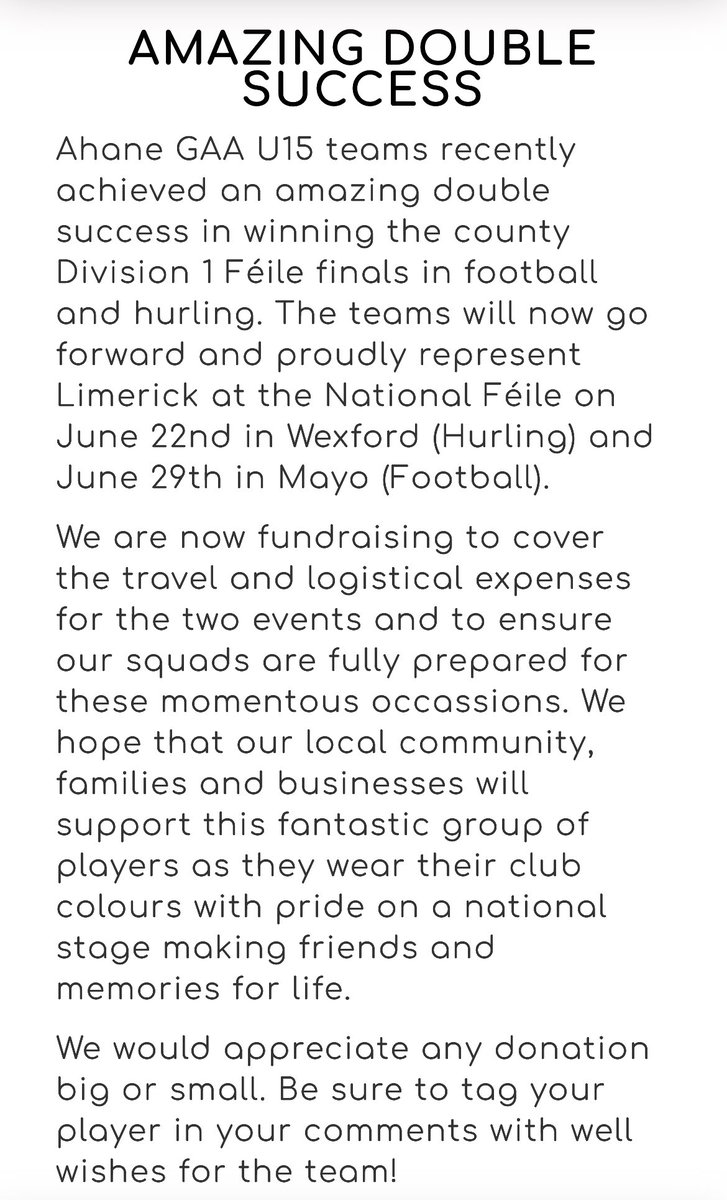 AhaneGAAClub's tweet photo. 🏆 Féile Fundraising 🏆

Our fantastic U15 Hurling and Football teams are off to National Féile on June 22nd in Wexford (Hurling) and June 29th in Mayo (Football) 

Click on the link here https://t.co/Lv0JoGWcIG to donate towards their fundraiser! All help is greatly appreciated https://t.co/ixql4GrLqB