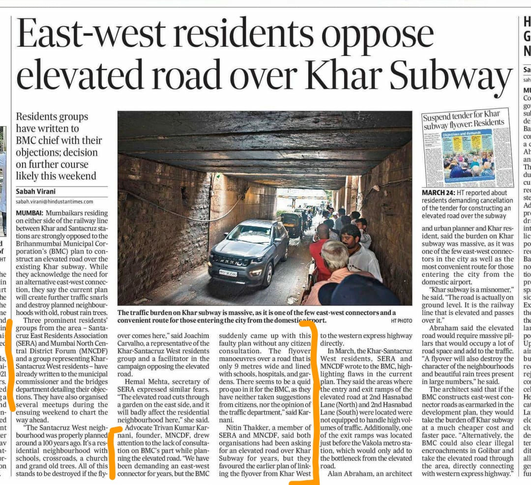 Khar East and West residents oppose elevated road over busy subway; 'MNCDF & @MumbaiSera have been demanding a Bridge over Khar Subway since inception. However, the new proposal surfaced by @mybmc is a flawed design & hence we are opposing the Design of the Correct Proposal and…