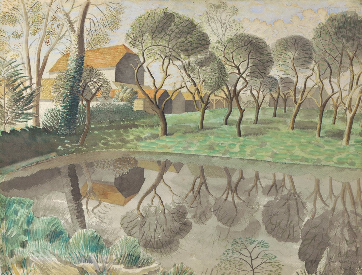 Newt Pond, Eric Ravilious, 1932. Depicting a scene at Great Bardfield in #Essex. After being sold to a private collection at @ChristiesInc some years ago, the artwork is now on loan to @TownerGallery.