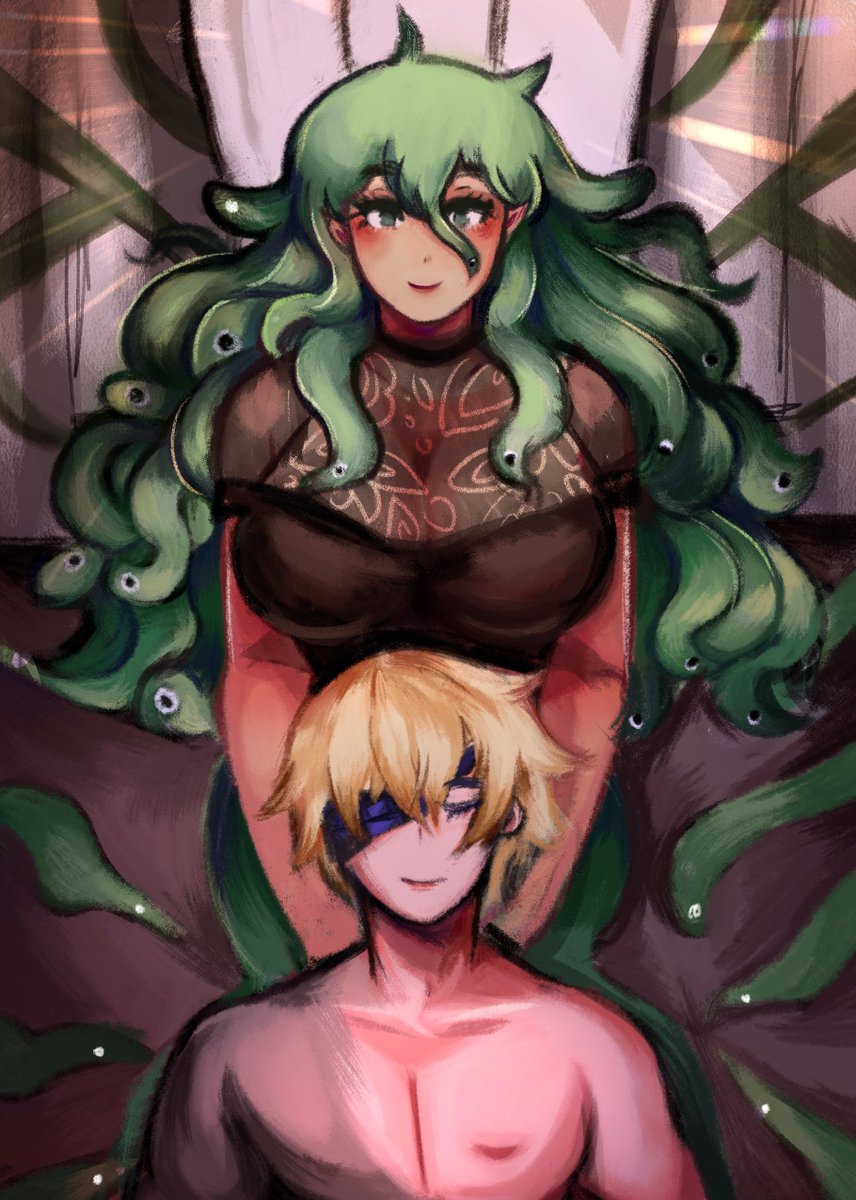 claudeycore's tweet photo. i can finally post my piece for @Dimileth_WWDITM ! 
or at least, a censored edit (and a silly one lol) just to be safe 😅

if you'd like to see the uncensored version, i highly reccomend for you to check out the zine! tons of amazing love and hardwork there 💙💚 https://t.co/126CT0KaCW
