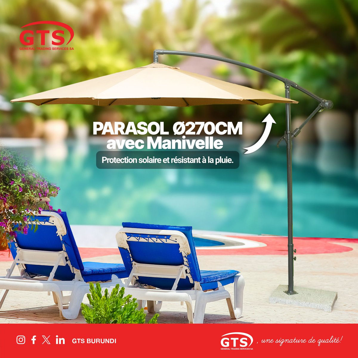 gts_burundi's tweet photo. Parasol avec une robustesse maximale.
Bonne polyvalence. Idéal pour une utilisation résidentielle ou commerciale. 
Créez un oasis de détente là où vous en avez besoin; jardin, piscine, plein air, etc. 

#GTSBurundi #Parasol #abatwip #designexterieur #unesignaturedequalité https://t.co/n8sR4Rj7vz