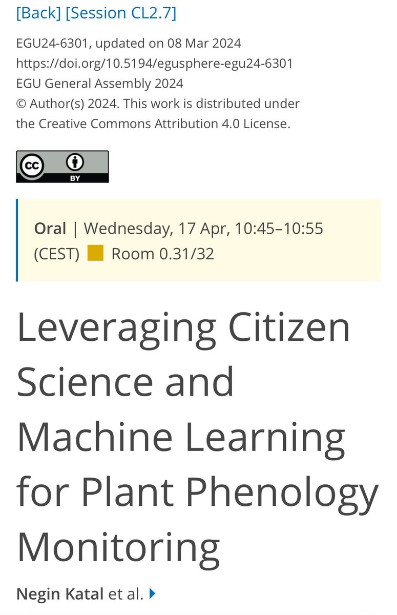 I am attaching #EGU24 in Vienna to present my latest research on “Leveraging Citizen Science and Machine Learning for Plant Phenology Monitoring” at the “Plant and Animal Phenology under the Pressure of Climate Change” session. 

meetingorganizer.copernicus.org/EGU24/EGU24-63…