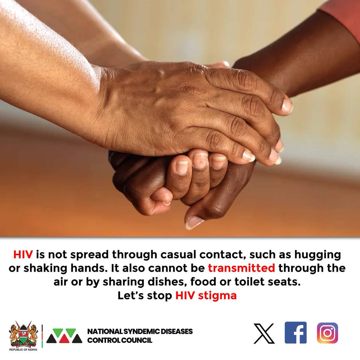 HIV is not spread through casual contact, such as hugging or shaking hands. It also cannot be transmitted through the air or by sharing dishes, food or toilet seats. Let’s stop HIV stigma. #EndAIDSby2030