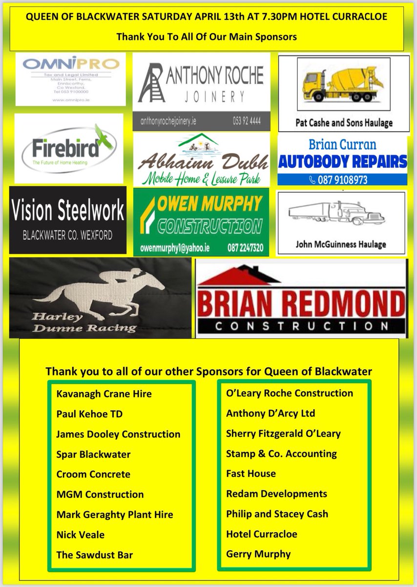 BlackwaterGAA's tweet photo. Reminder of all our brilliant sponsors for tonight’s show. https://t.co/Rmb1eirGuG https://t.co/HK1q2KhHqX