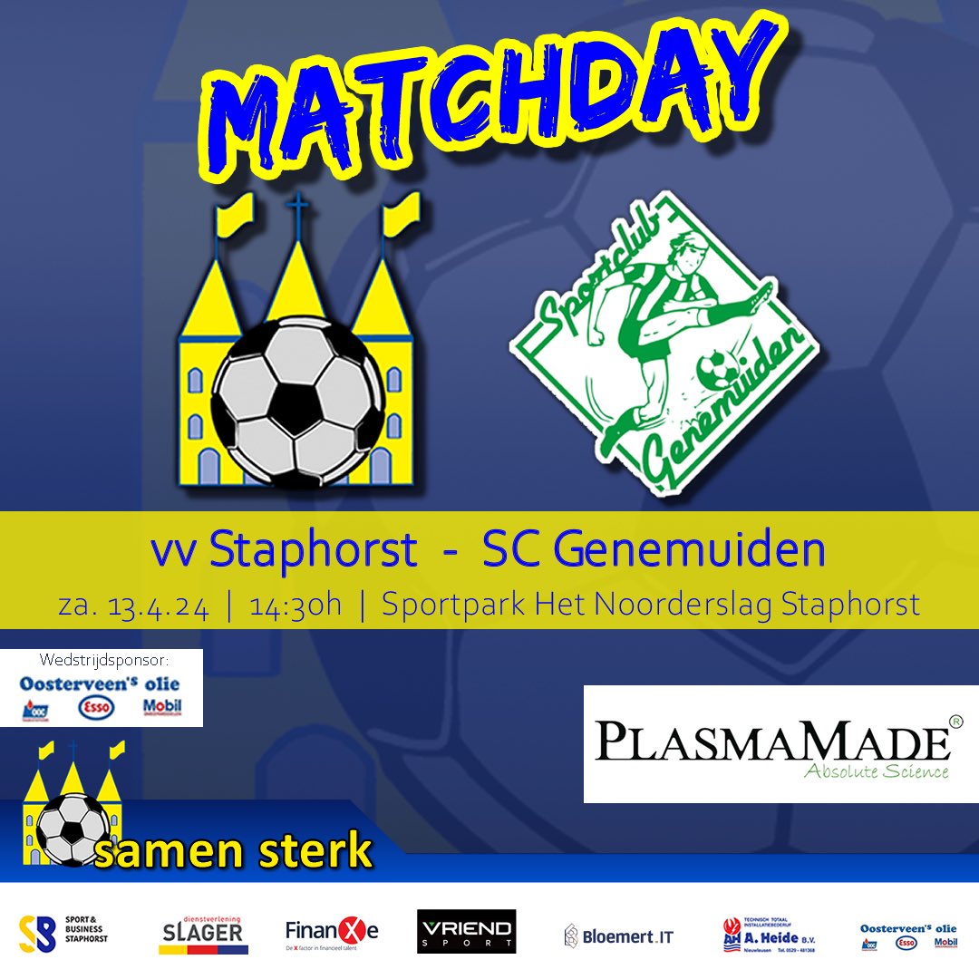 vvstaphorst's tweet photo. 🟡🔵 𝗜𝘁'𝘀 𝗠𝗮𝘁𝗰𝗵𝗱𝗮𝘆! ⚽️

Vandaag een heuse streekderby op het programma! 
Het beloofd een mooie voetbaldag te worden vandaag!

⚽️ vv Staphorst - @scgenemuiden 
🏆 3e Divisie A. 
🕝 Aanvang 14:30u
🏟 Sportpark Het Noorderslag
📲 #stagen

#samensterk #kopdrveur https://t.co/IdrY87DYvu