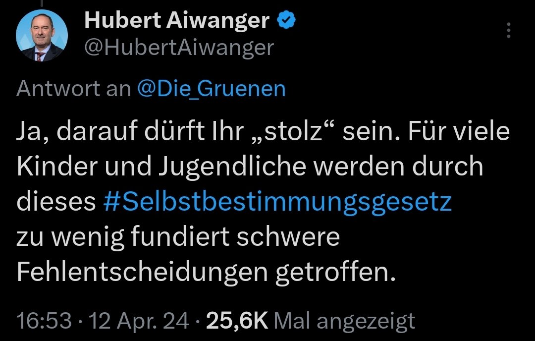 Aiwanger an die Grünen: 'Ja, darauf dürft Ihr „stolz“ sein. Für viele Kinder und Jugendliche werden durch dieses #Selbstbestimmungsgesetz zu wenig fundiert schwere Fehlentscheidungen getroffen.'