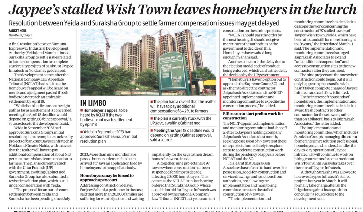 <a href="/Sanjeev98857960/">Sanjeev sahani</a> is rightly saying that the approved clauses of resolution plan like 17.15 and 27.9 along with 22.3 and definition of the approval date are sacrosanct. So the construction shud continue as per the approved resolution plan of <a href="/SurakshaGroup_/">Suraksha Group</a>

For info <a href="/koul_sanket/">Sanket Koul</a>