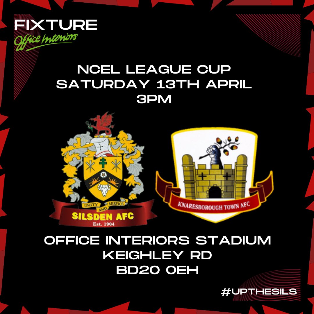 ⚽️| MATCHDAY

We welcome @KnaresboroughFC to the @OFFICEINTERIOR5 for this afternoon’s League Cup quarter final🏆

Unfortunately no twitter commentary from us today, head over to Knaresborough’s twitter for updates👍

#UpTheSils #SilsdenAFC