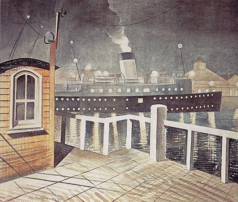 Channel Steamer Leaving Harbour, Eric Ravilious, 1935. It depicts a cross-channel ferry leaving Newhaven harbour in East #Sussex. The original artwork is in a private collection but is on display at @TownerGallery.