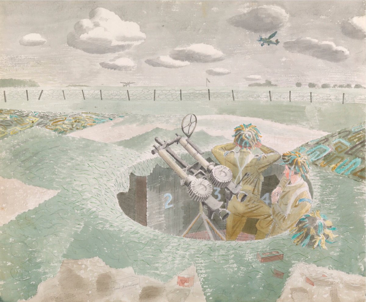 RAF Regiment AA Post Sawbridgeworth, Eric Ravilious, 1942. One of several works made by Ravilious when he was at RAF Sawbridgeworth in #Hertfordshire during #WW2. The original artwork is in the collection of @I_W_M.