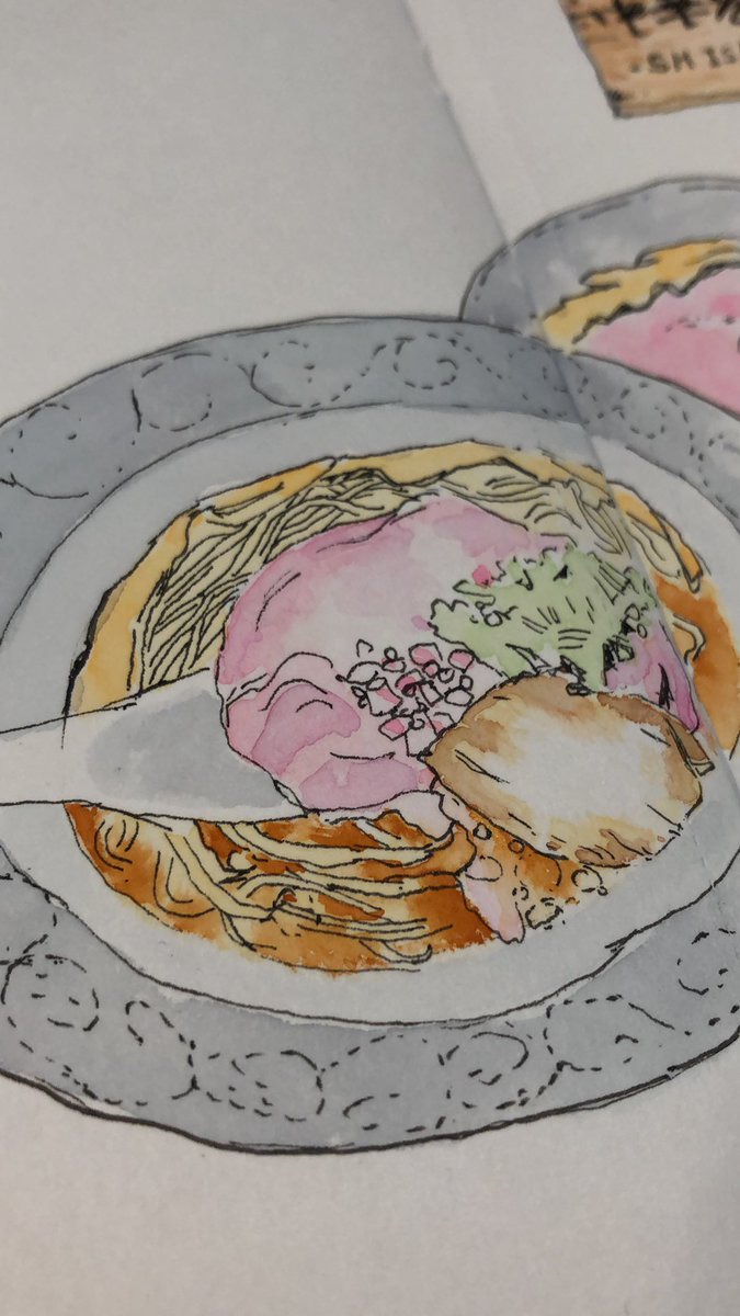 decolapepe's tweet photo. スープに浸かってる麺ってむずいなぁ
#透明水彩 #watercolorpainting #トラベラーズノート　#ラーメン画 https://t.co/4Lxp84X8yU