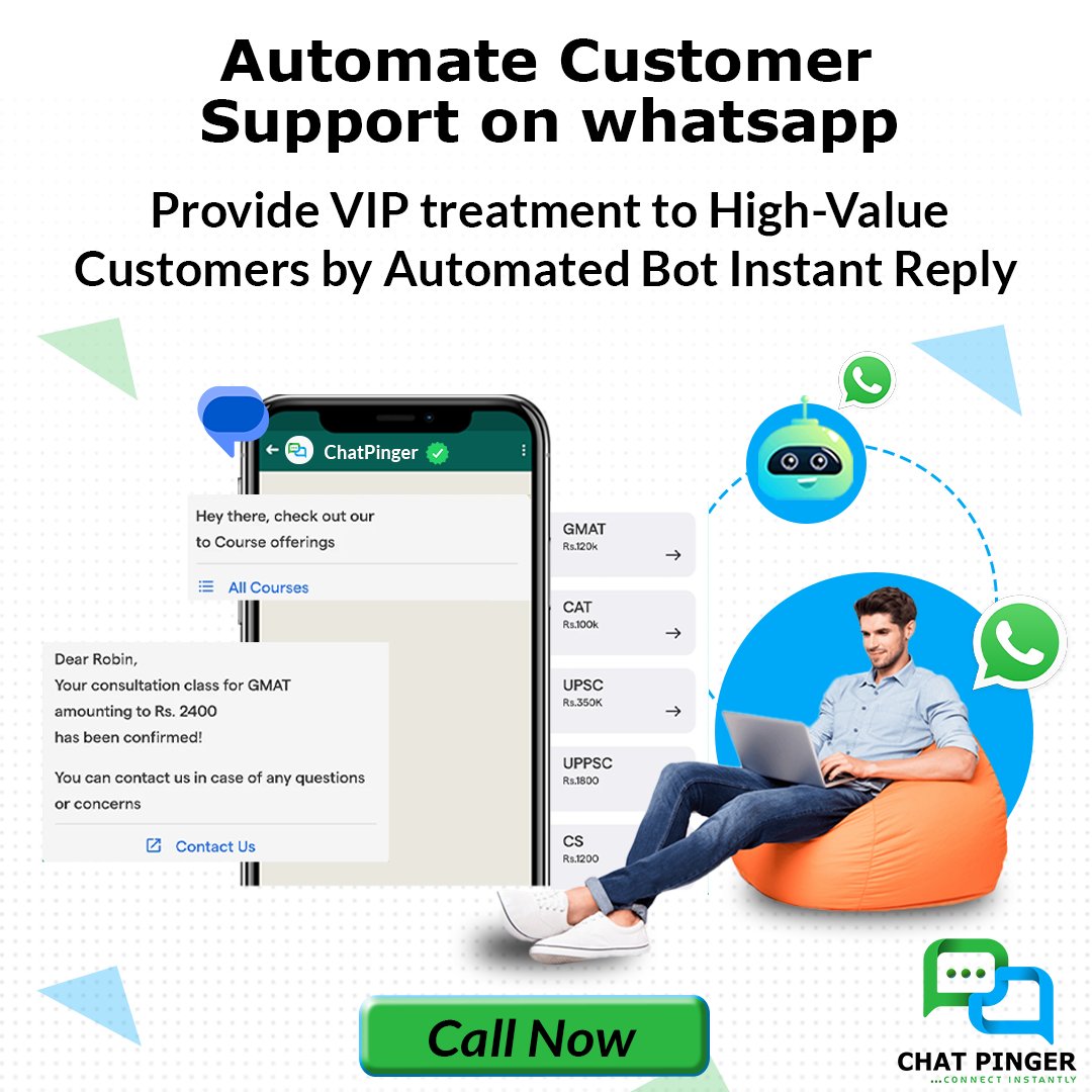 🤖💼 Provide VIP Treatment with Automated Instant Replies on WhatsApp 🛡️

#whatsappmarketing #ChatPinger #whatsappbot  #marketing #chatbot  #customersatisfaction #customerservice #customersupport #customerexperience
