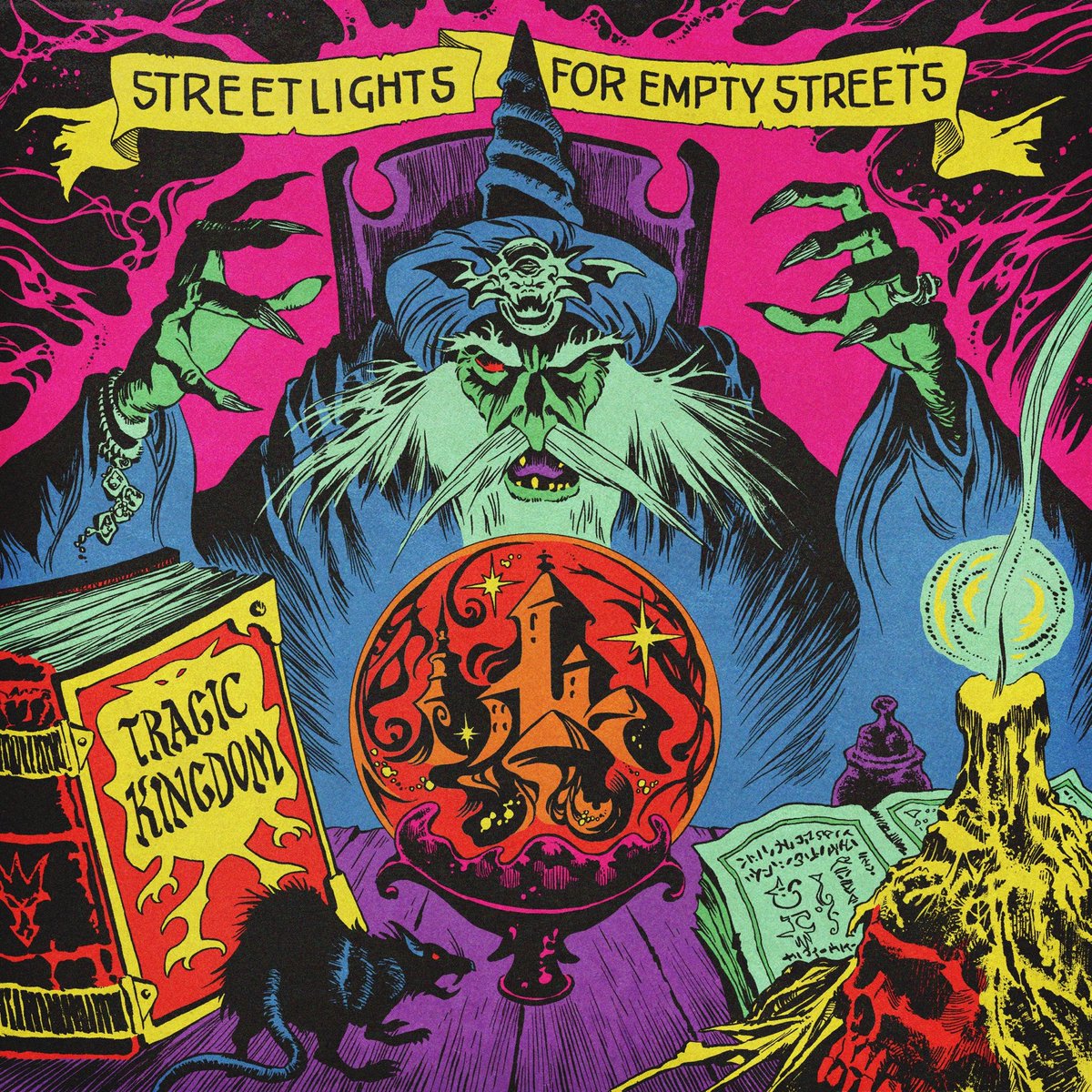 The evil sorcerer is plotting an unknown spell over the kingdom. Drawing for the cover of a music release. Streetlights for empty streets - Tragic kingdom.
